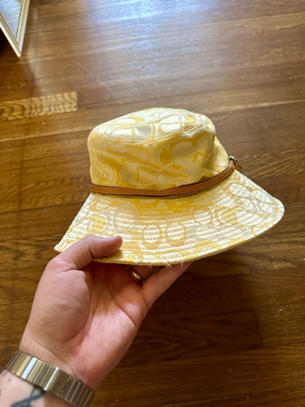 Coach Yellow Signature Bucket Hat with Leather Band - Picture 3 of 6